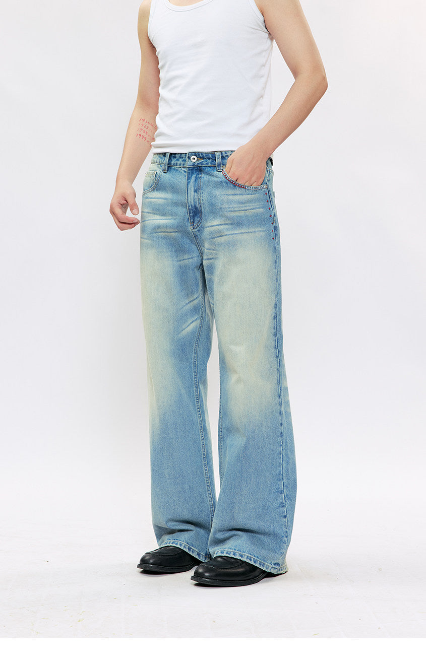 Wide-leg casual jeans with whiskers