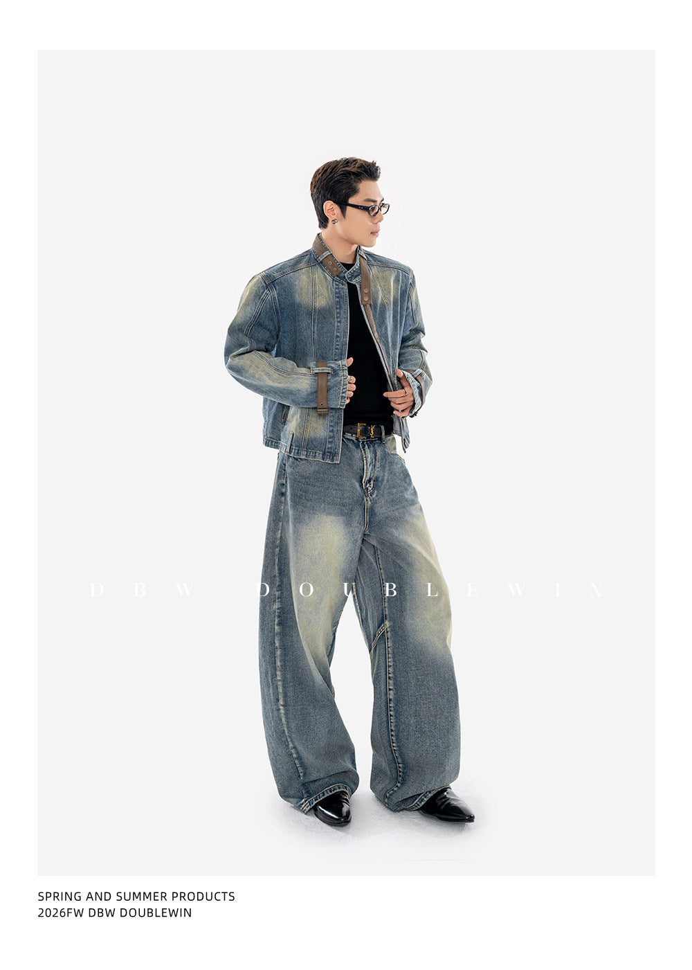 Vintage-Washed Padded-Shoulder Denim Jacket Set