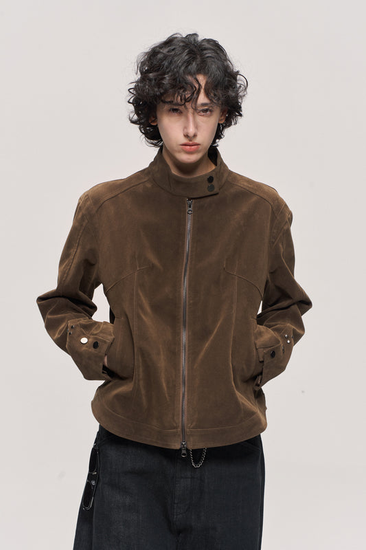 Suede leather stand collar jacket