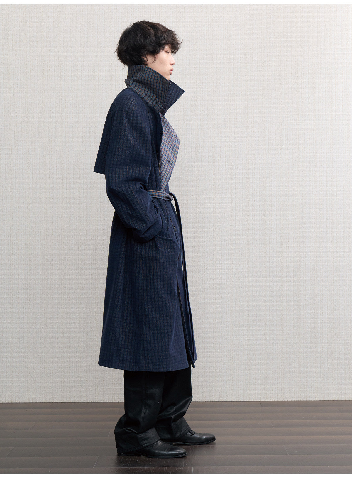 Check-Patterned Raglan-Sleeve Trench Coat