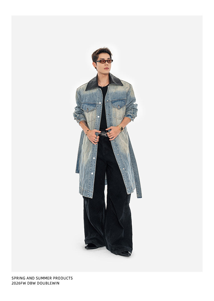 Leather Patchwork Lapel Denim Trench Coat