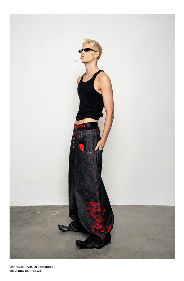 Red Snake Denim Pants