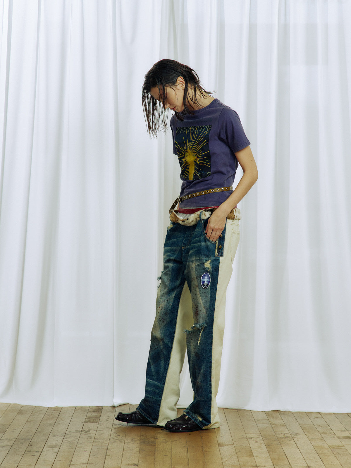 Glitter Print Distressed Finish T-Shirt