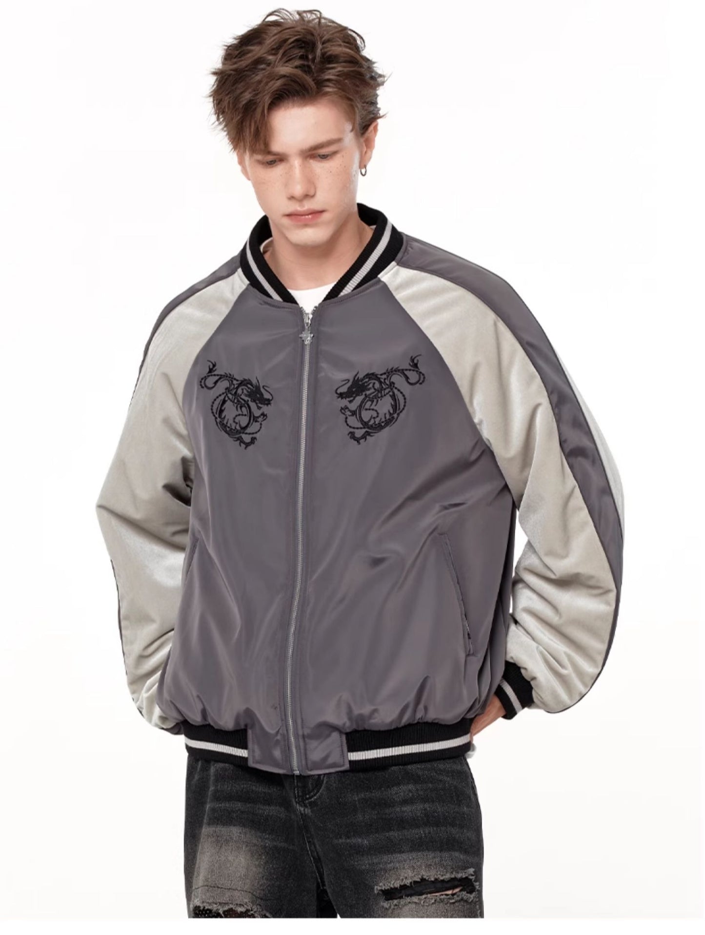 Rock Dragon Embroidered Baseball Jacket