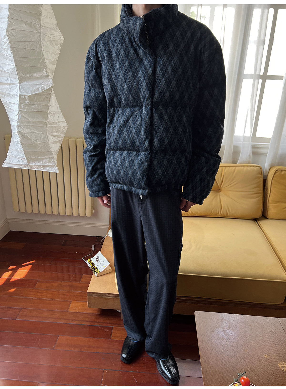 Diamond-Check Stand-Collar Down Jacket