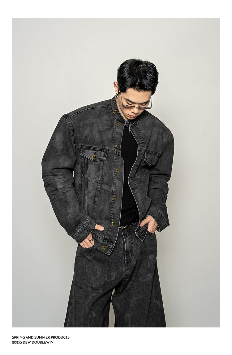 Mud-dyed distressed denim jacket set