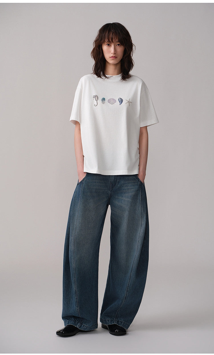 Round-Neck Loose-Shoulder Printed T-Shirt