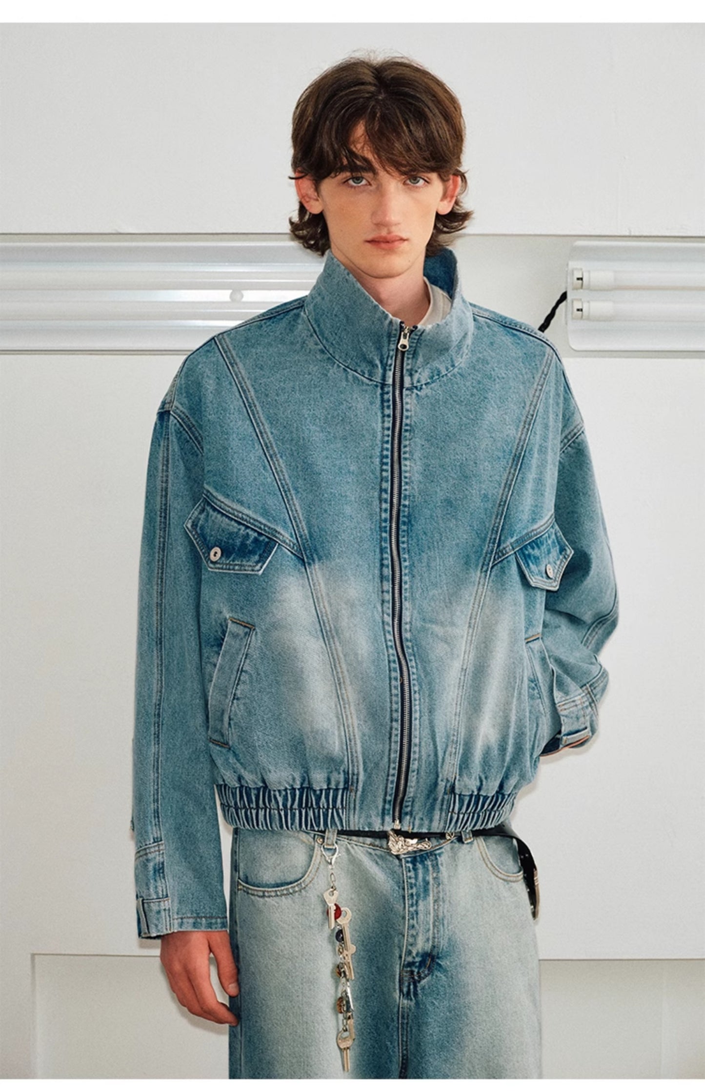 Washed Stand Collar Loose Denim Jacket