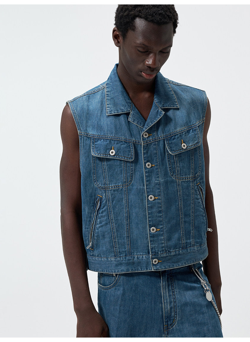 Cuban-Collar Short Denim Vest