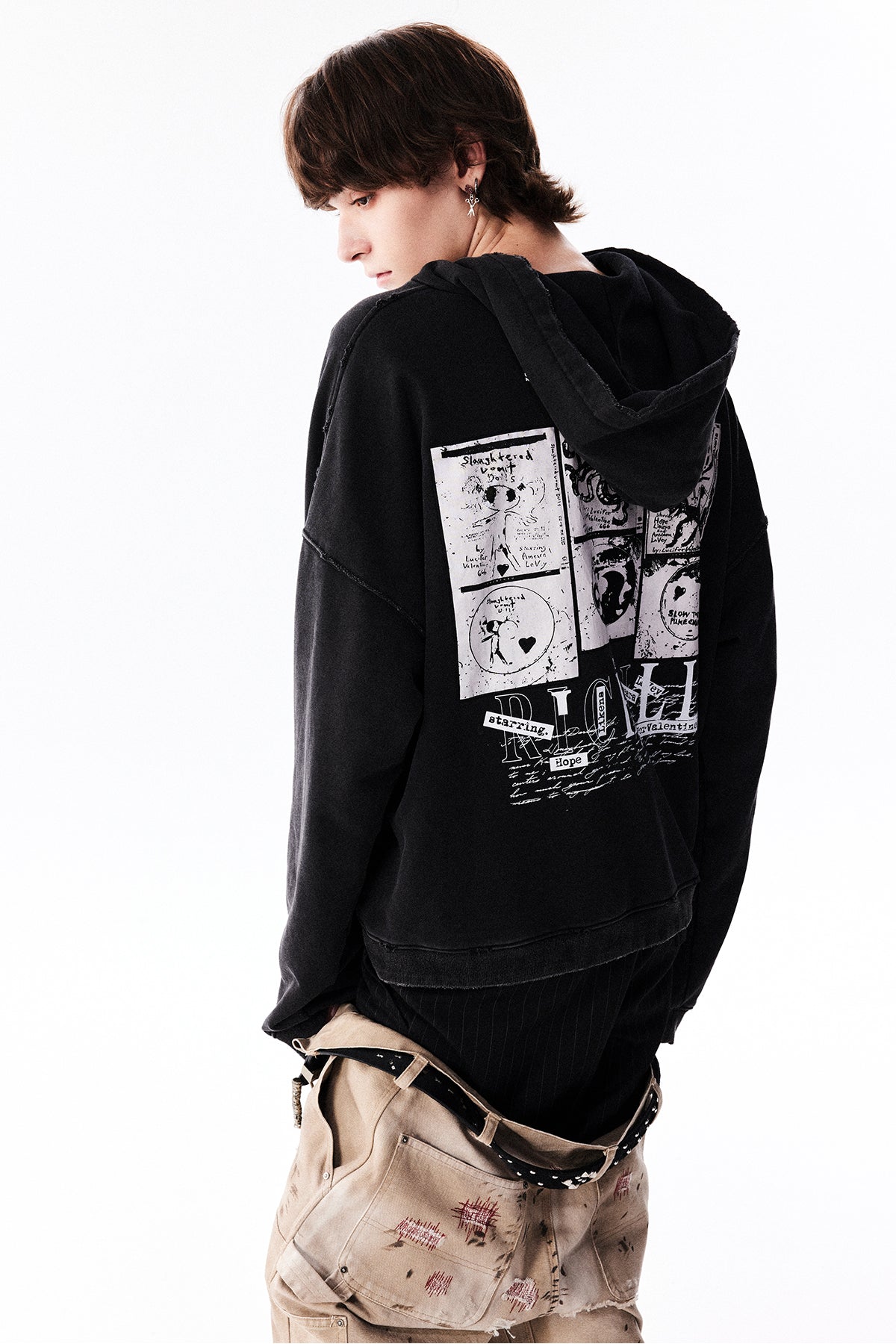 Washed Destroy Patch Hooded Sweatshirt