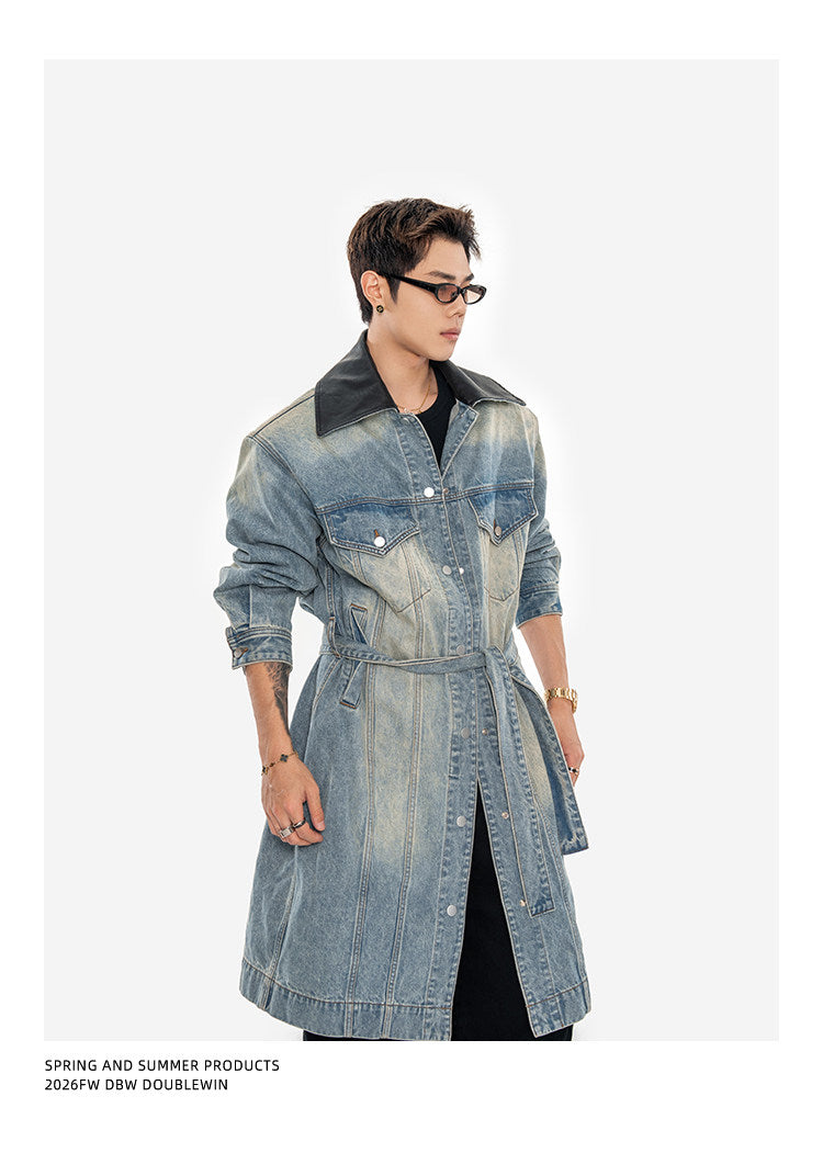 Leather Patchwork Lapel Denim Trench Coat