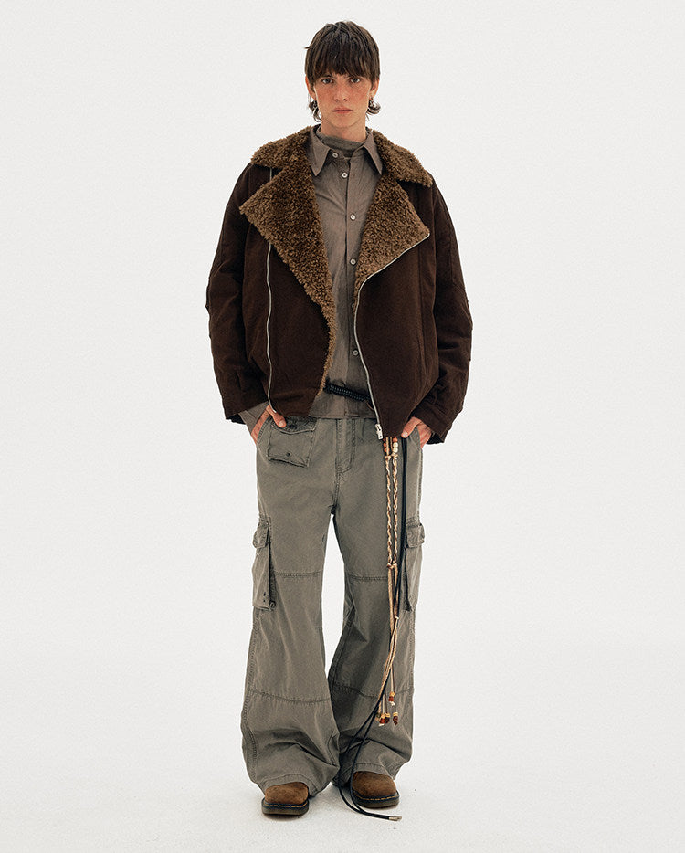 Diagonal Zipper Lambswool Collar Cotton Jacket