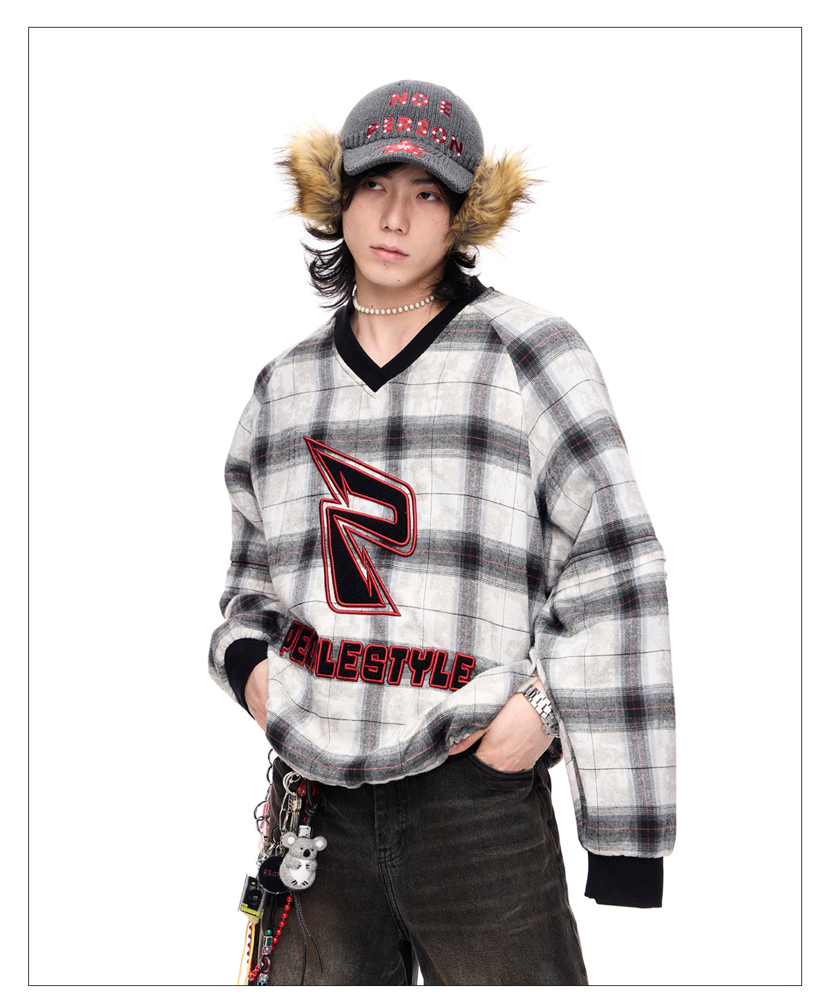 Detachable checkered thickened sweatshirt