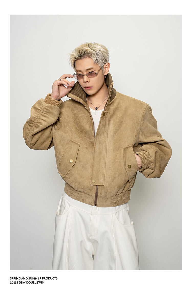 Suede Rib High-Neck Short Jacket