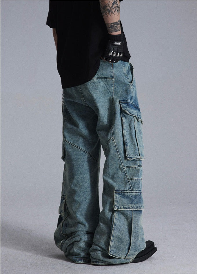 Multi-pocket wash straight jeans