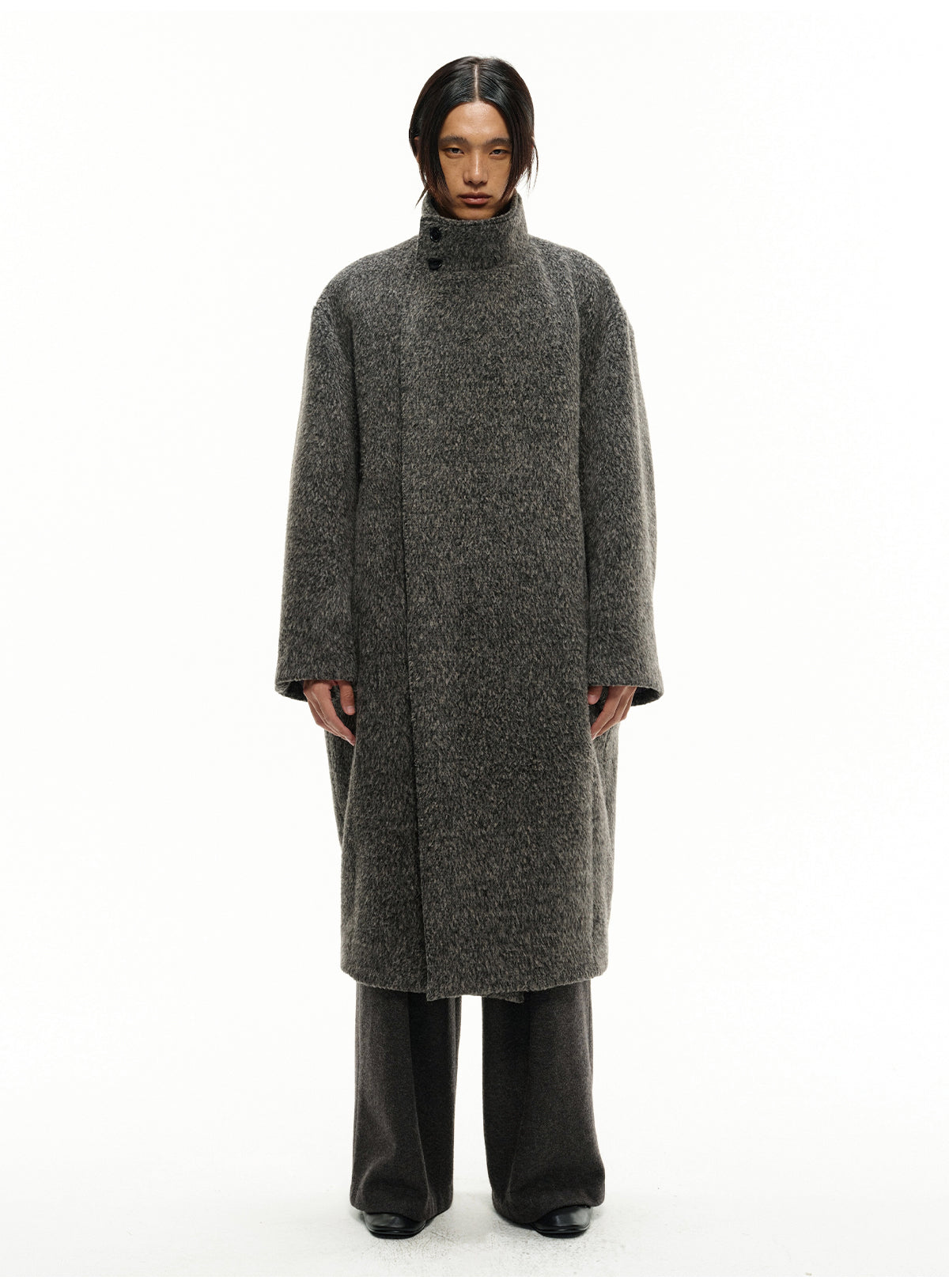 Long coat with a diagonal front panel
