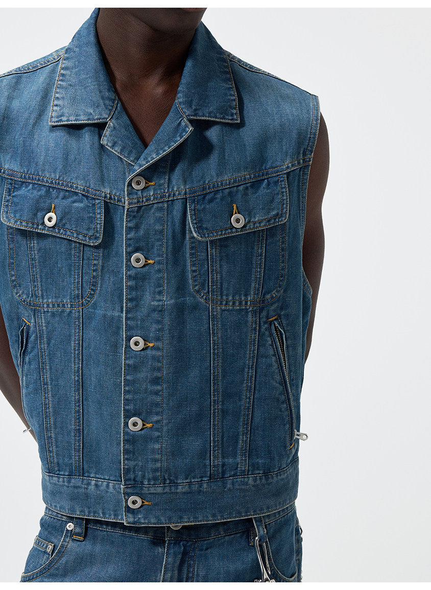 Cuban-Collar Short Denim Vest