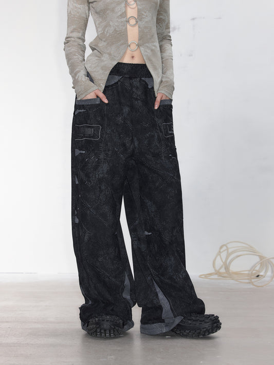 Contrast color embroidered loose-fitting washed sweatpants 