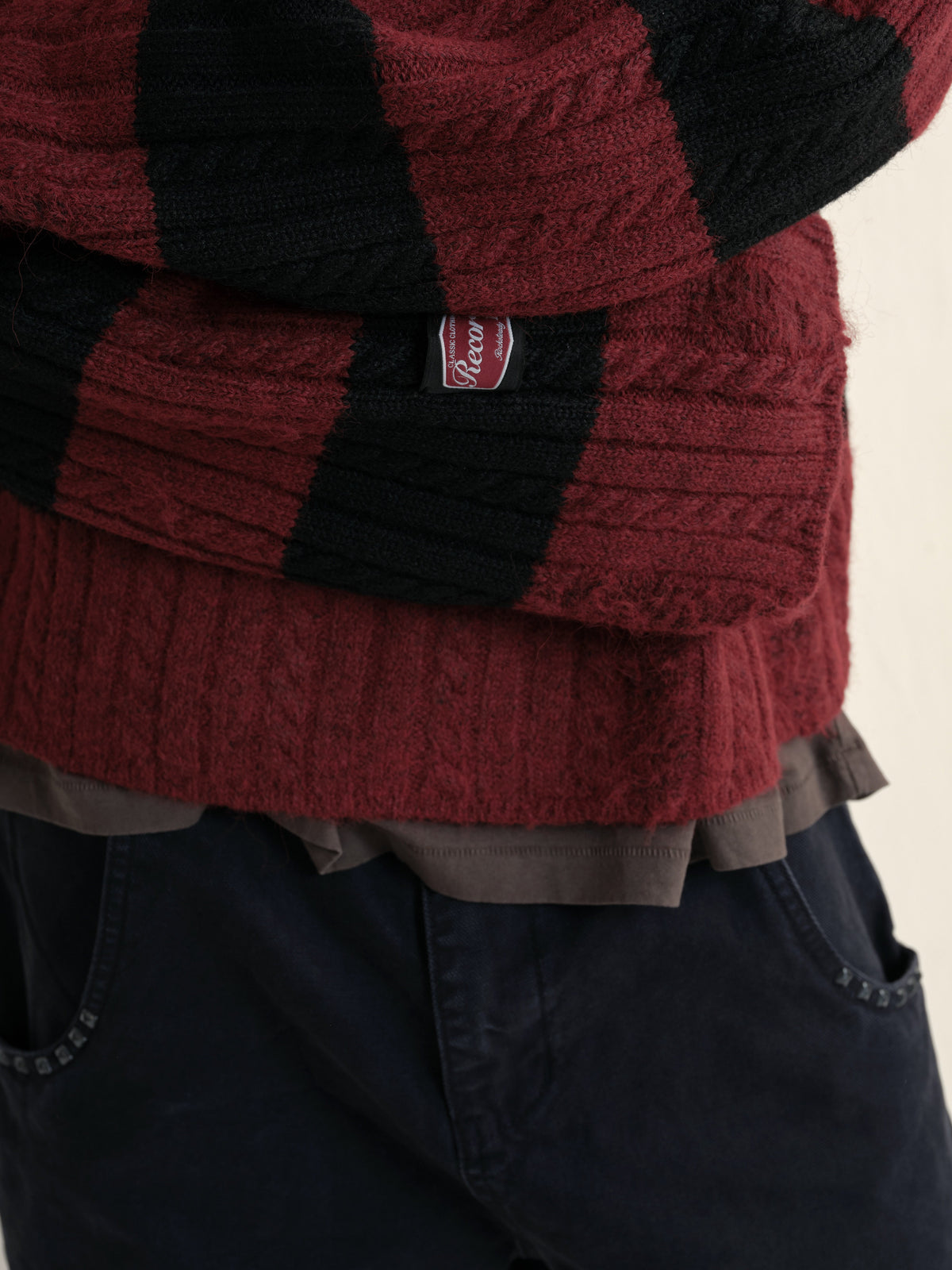 Cable wool striped distressed sweater