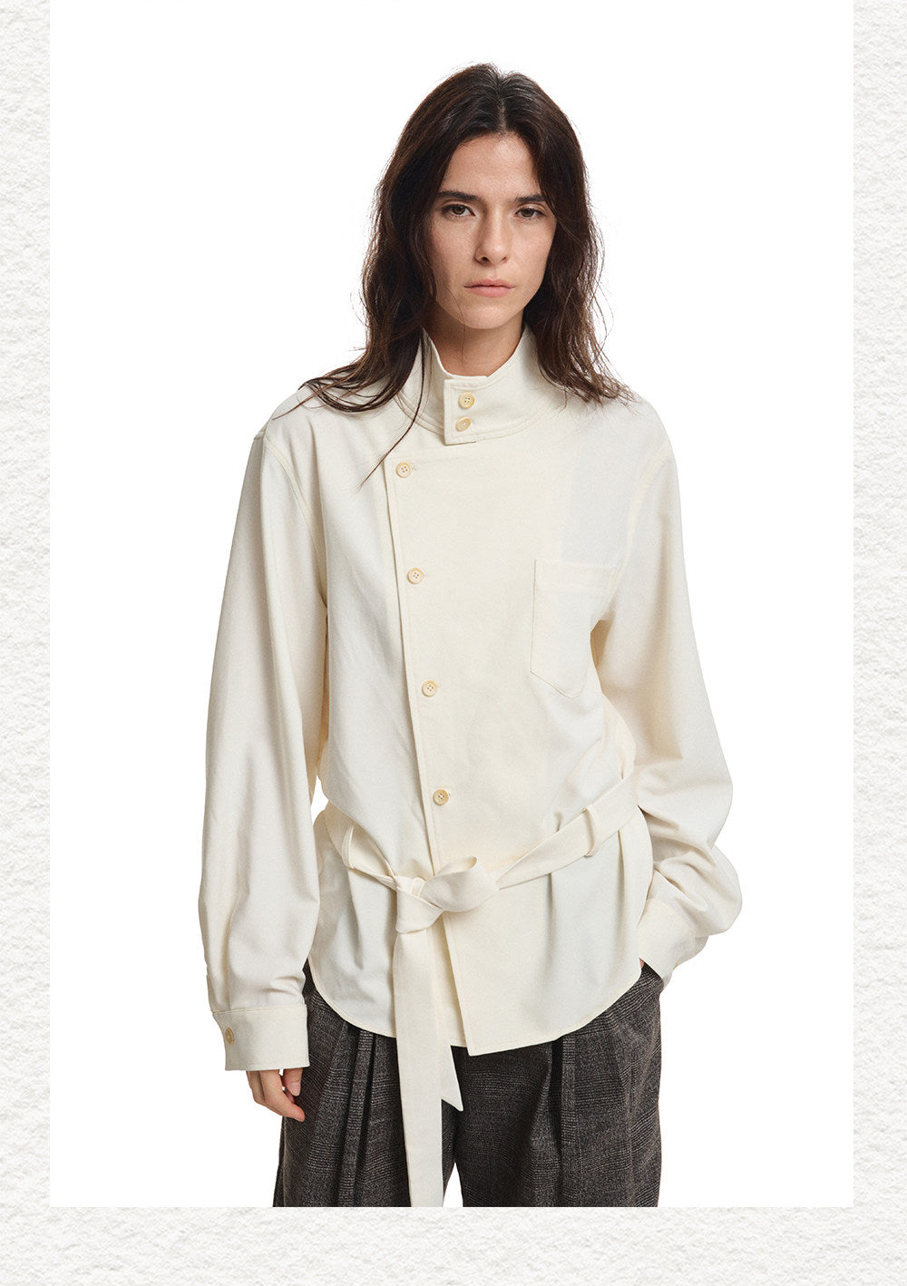 Diagonal Placket  Stand-Up Collar Workwear Shirt