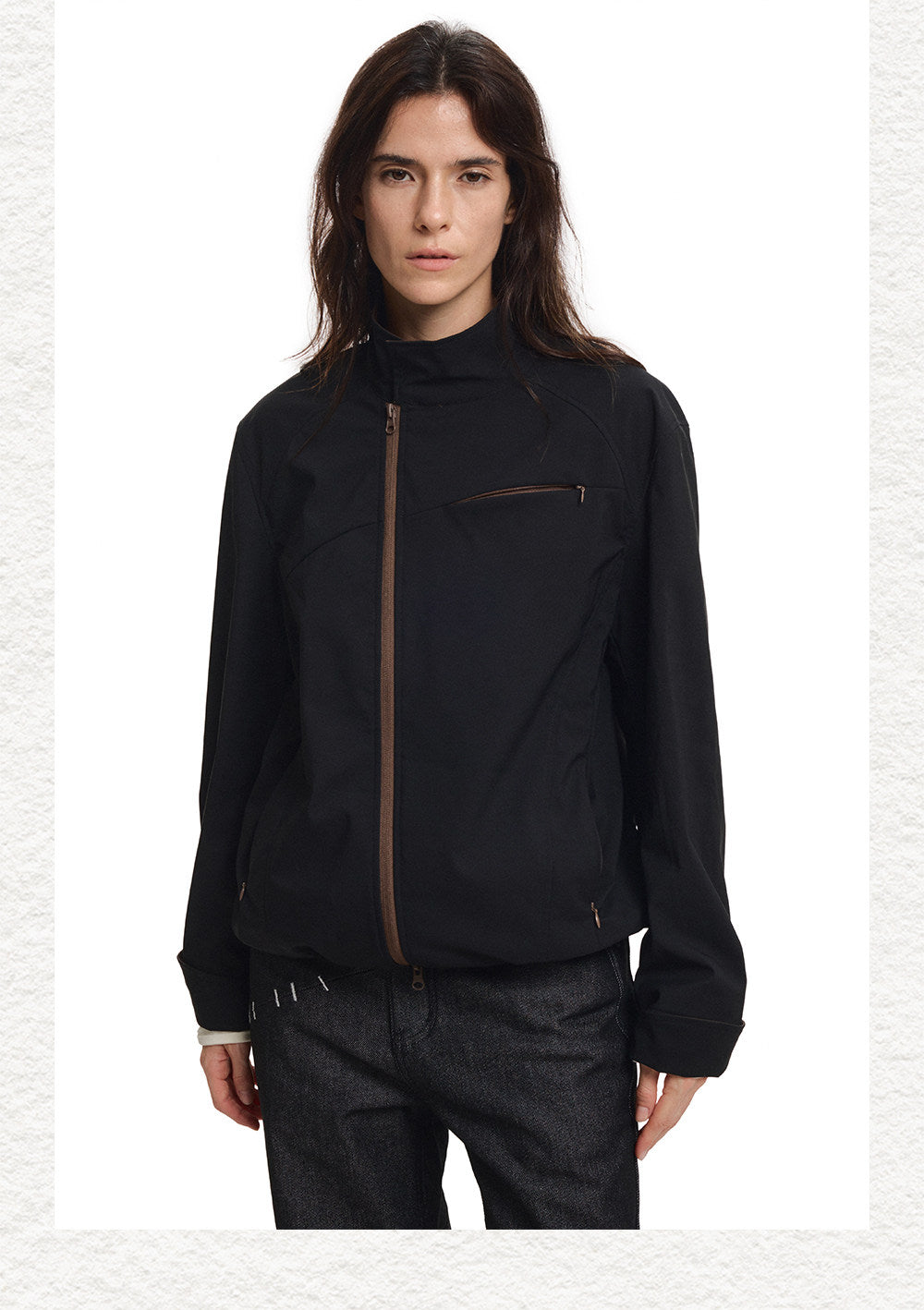 Lightweight Jacket with Flip-Up Sleeves and Diagonal Zipper