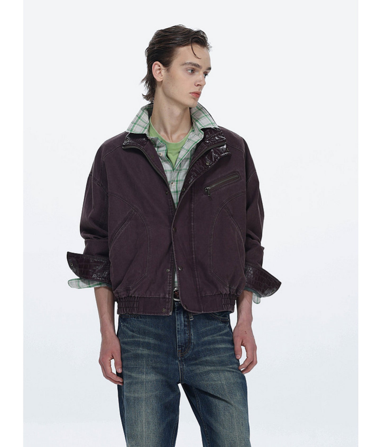 Faux Crocodile Leather Stand-Up Collar Jacket