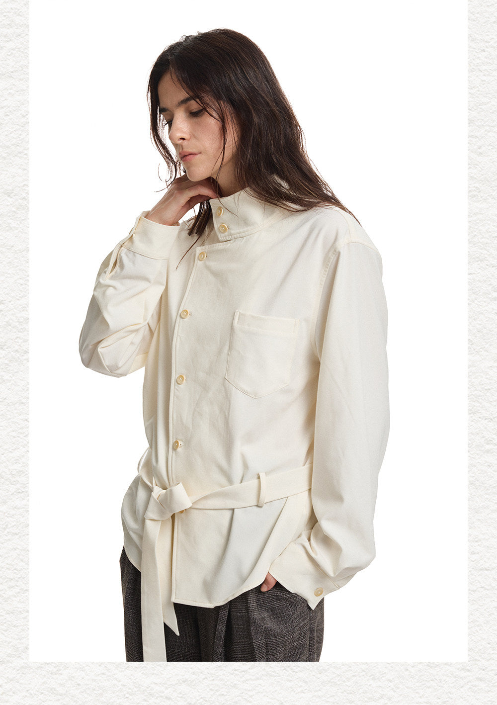 Diagonal Placket  Stand-Up Collar Workwear Shirt