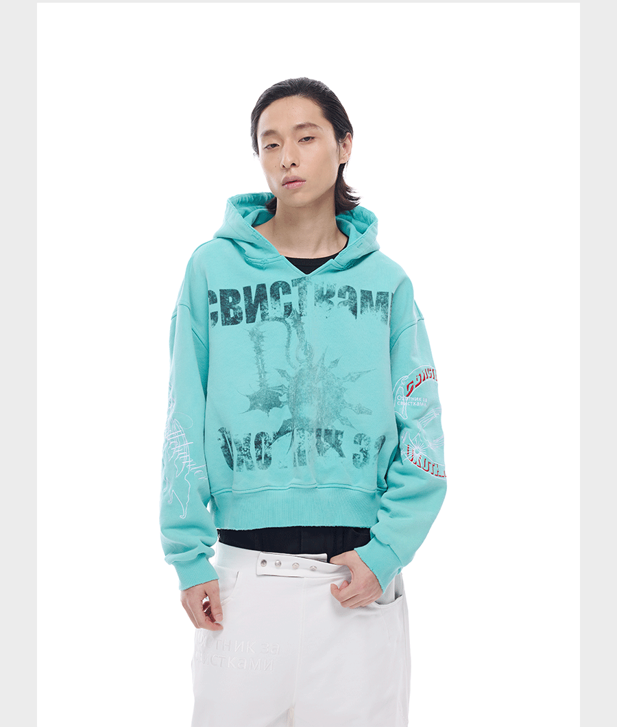 Wash-Damaged Embroidered Hoodie