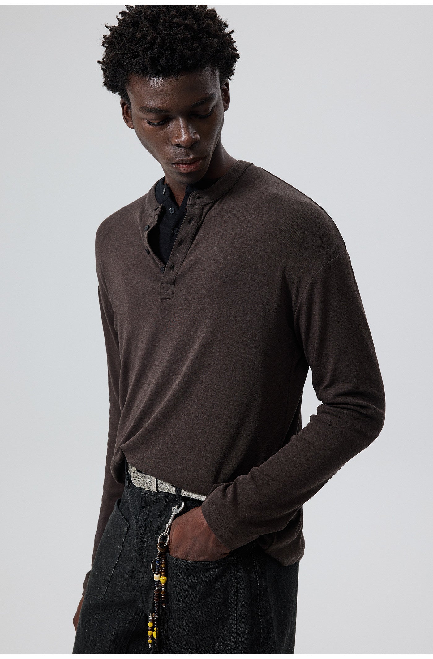 Cotton Blend Henley Collar T-Shirt