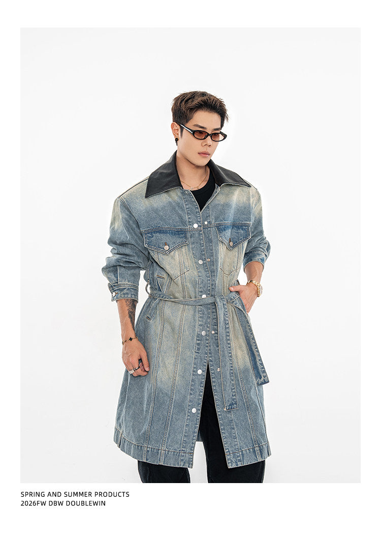 Leather Patchwork Lapel Denim Trench Coat