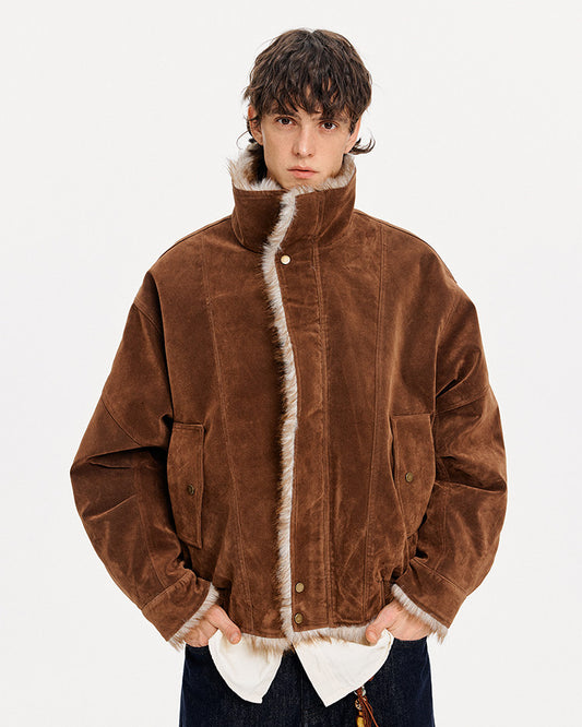 Faux Suede Stand Collar Unisex Jacket