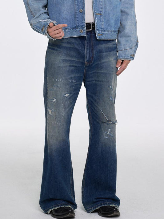 Hand-stitched Damaged Bootcut Jeans