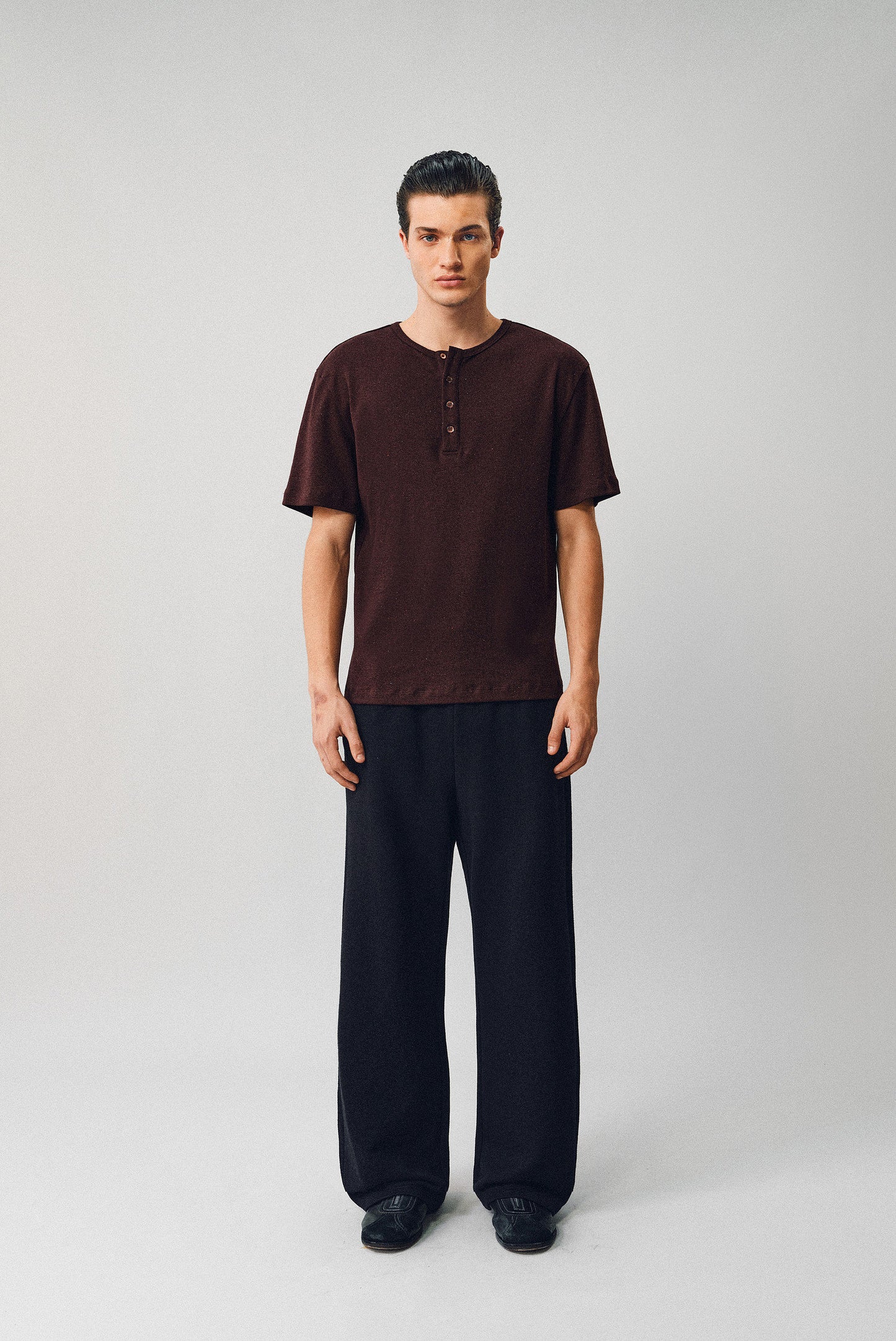 Henley-Collared Button-Down T-Shirt