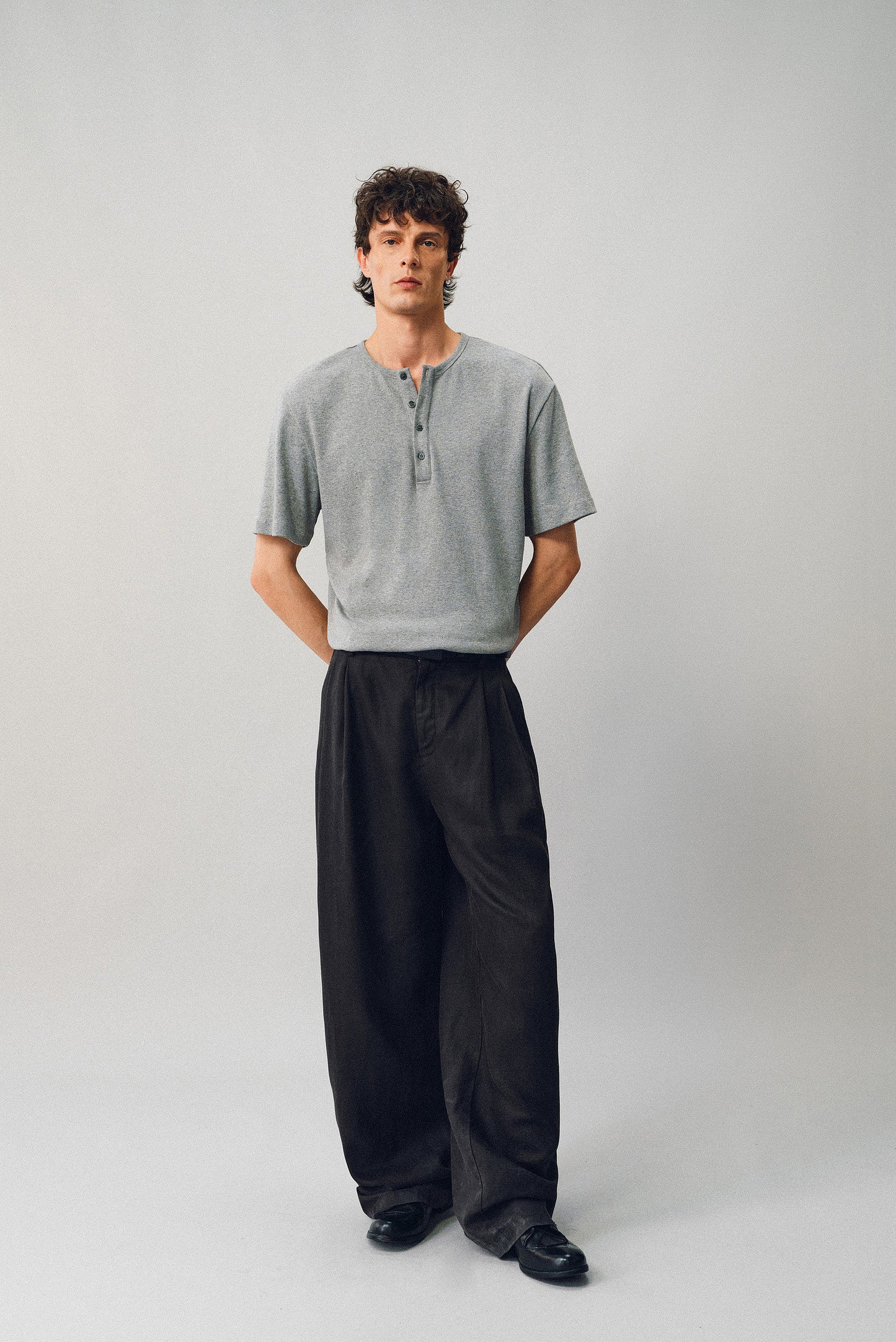 Henley-Collared Button-Down T-Shirt