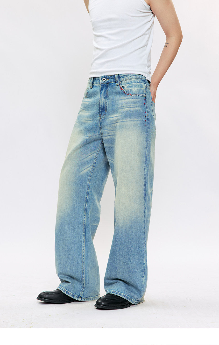 Wide-leg casual jeans with whiskers