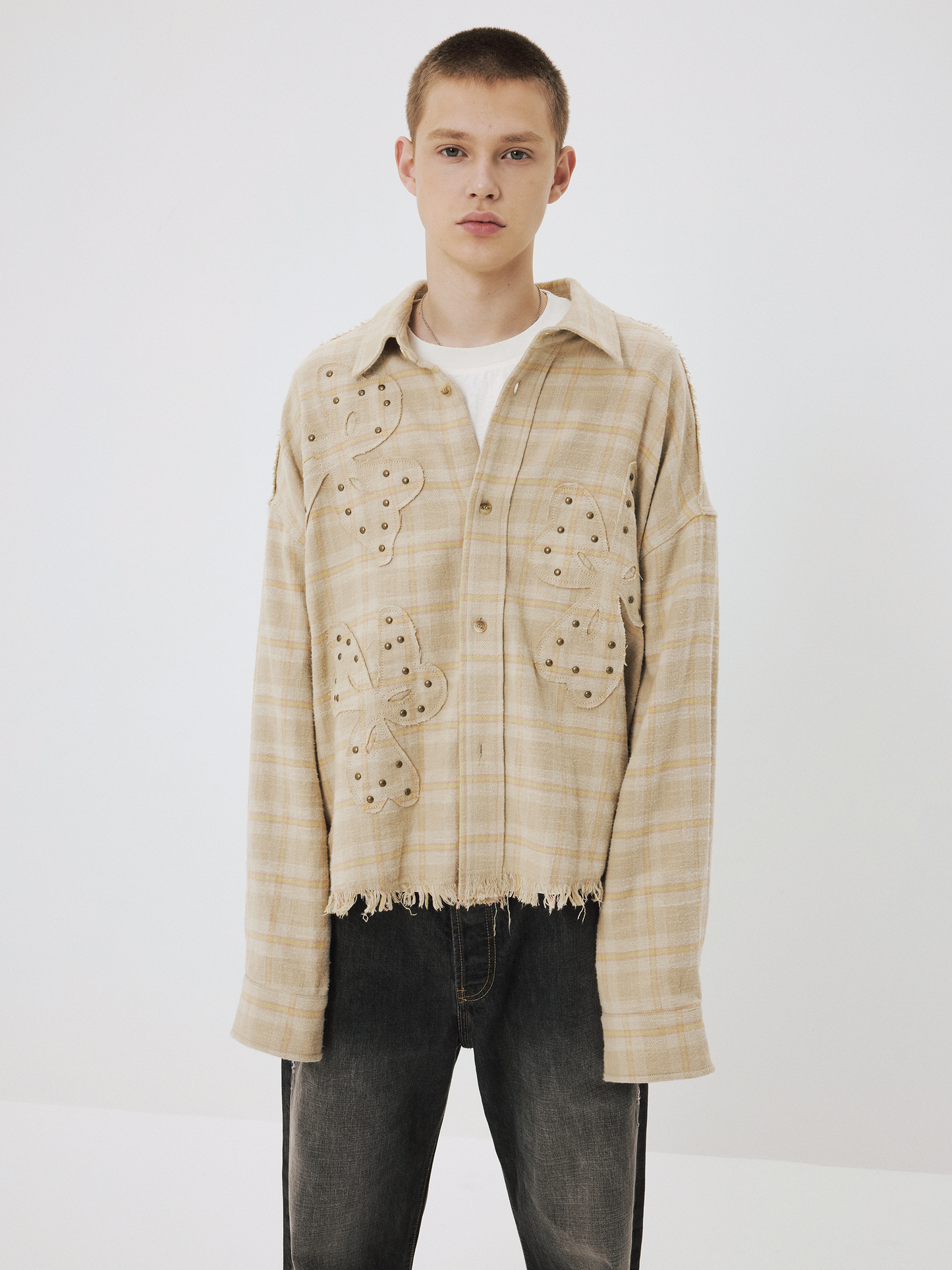 Oversized Patchwork Check Shirt with Studs