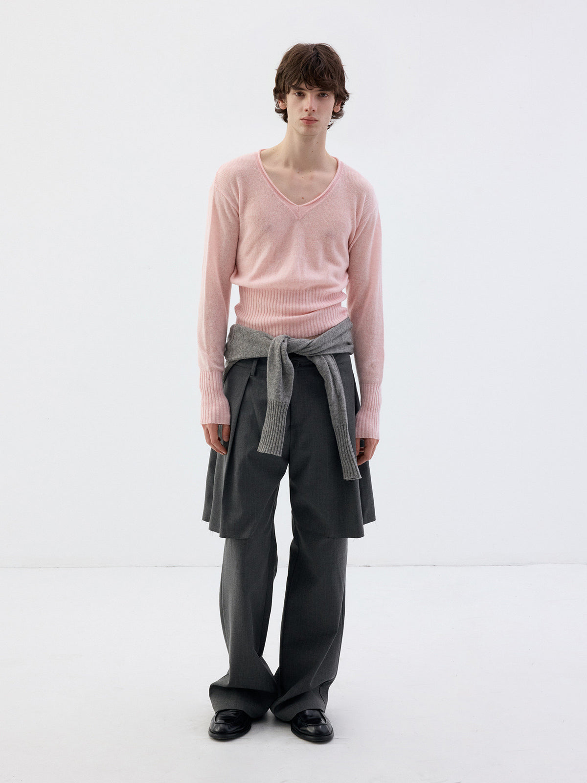 Wool Roll-Sleeve V-Neck Sweater