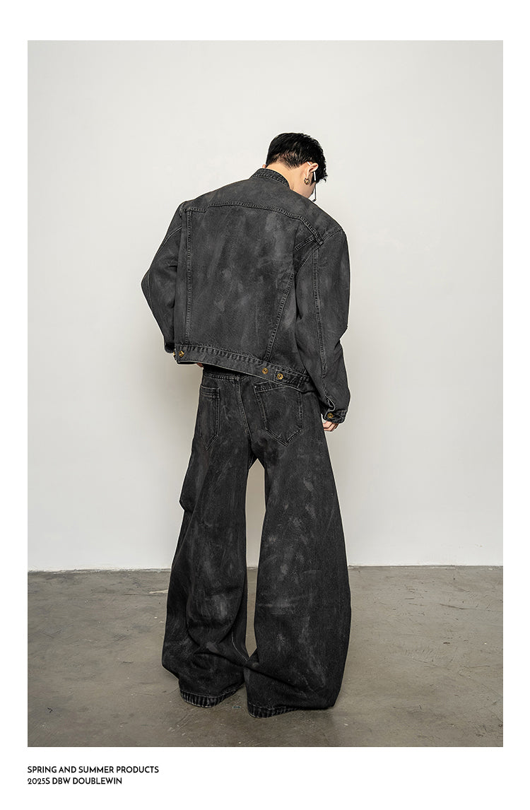 Mud-dyed distressed denim jacket set