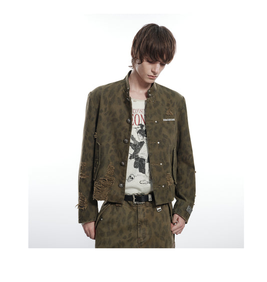 Leopard print stand collar uniform jacket