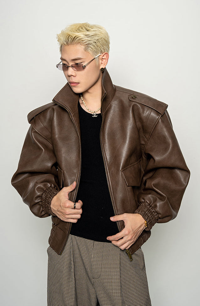 Wide-Shoulder High-Neck Leather Jacket