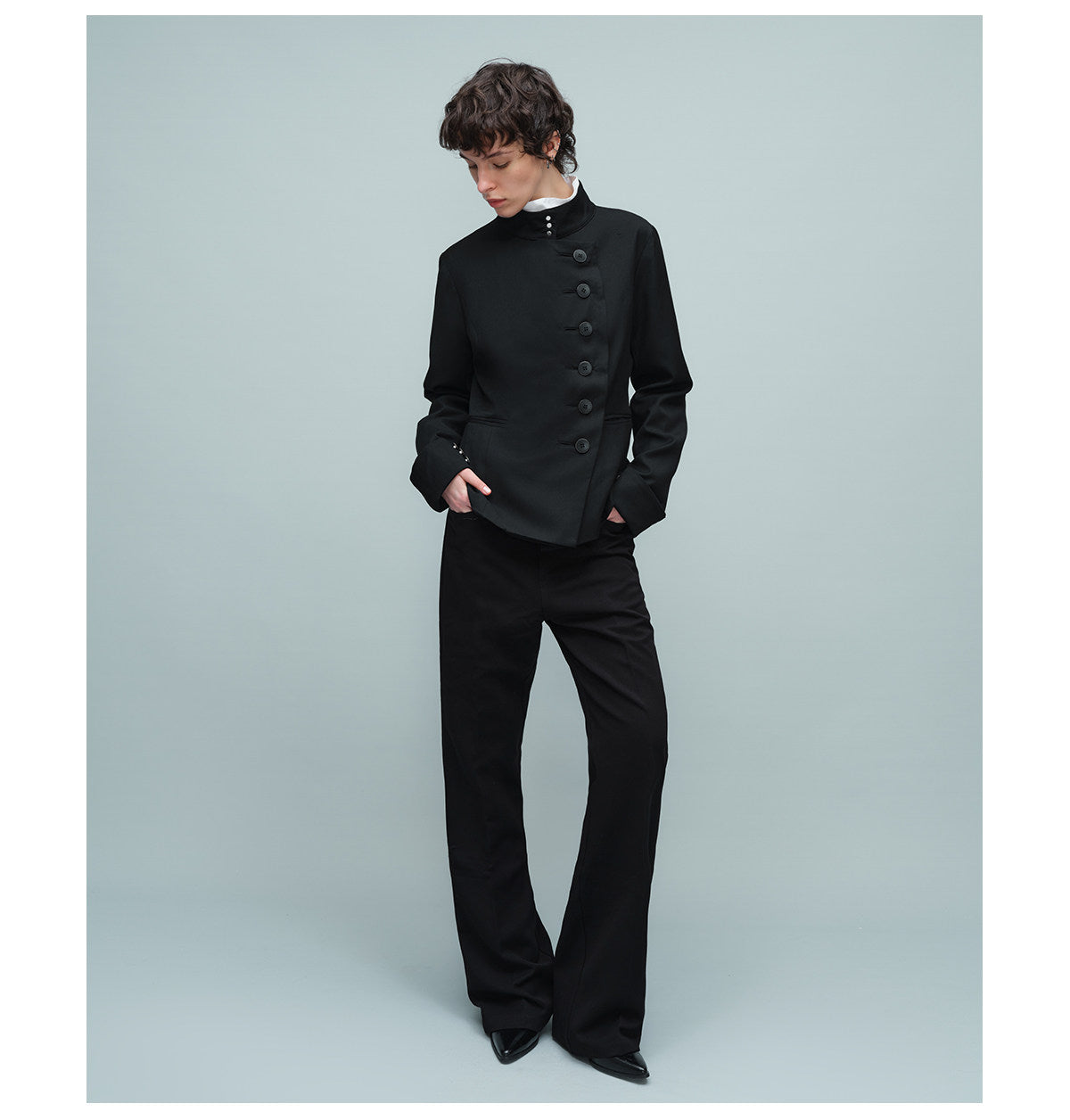 Double-Layer Jacket with Stand-Up Collar and Slanted Collar
