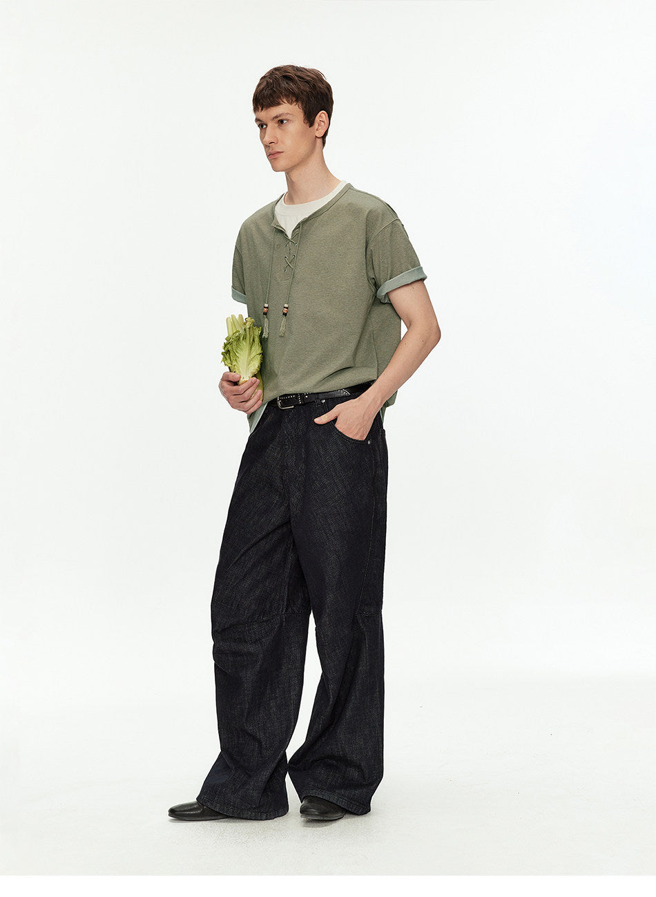Off-Shoulder Fake Two-Piece T-Shirt with Beads