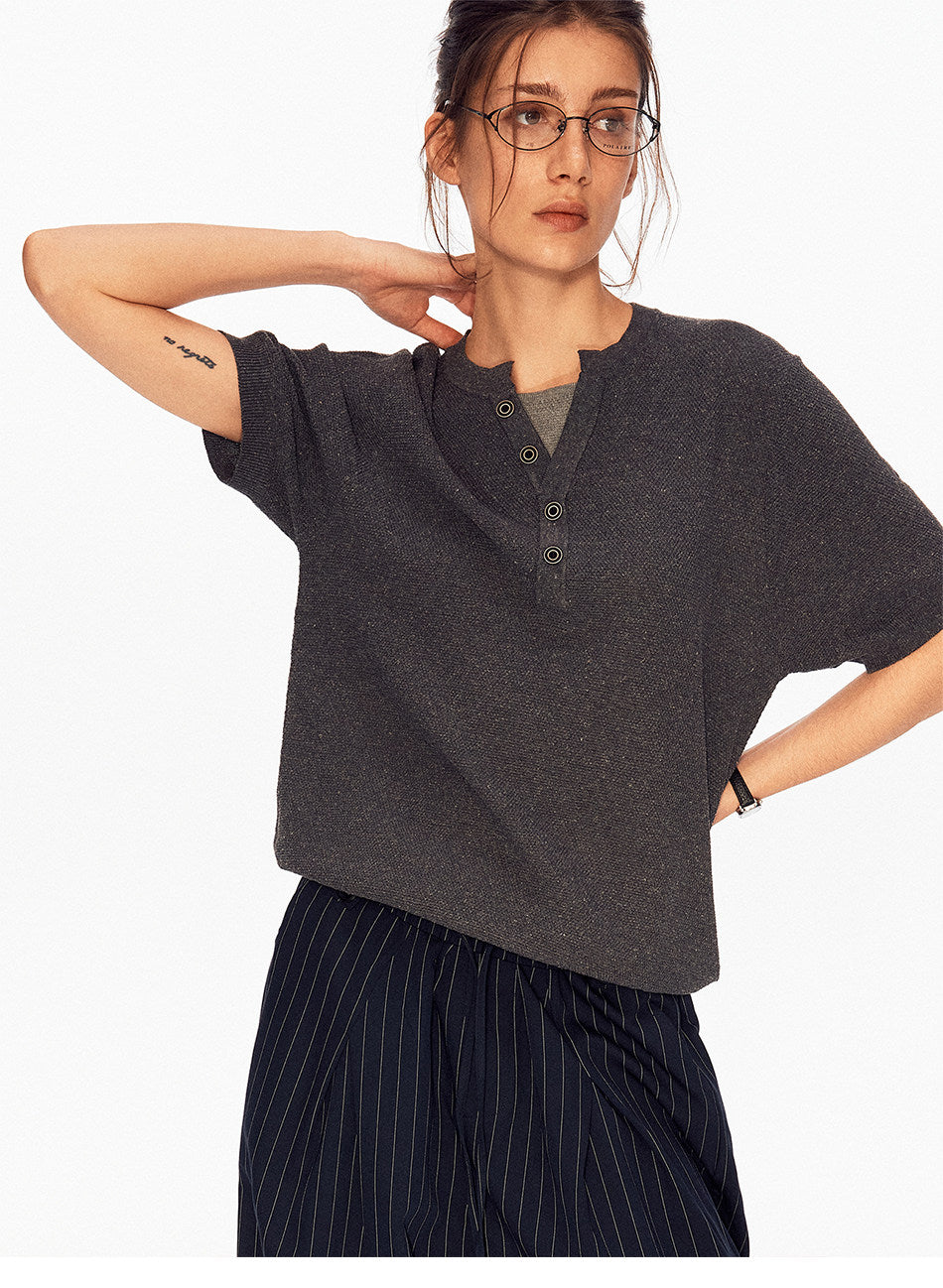 Solid-Color Faux Two-Piece Knit Shirt