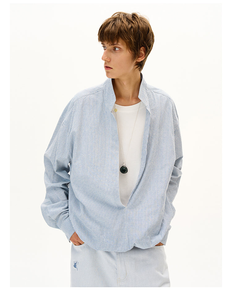 Fake Two-Piece V-Stand Collar Shirt