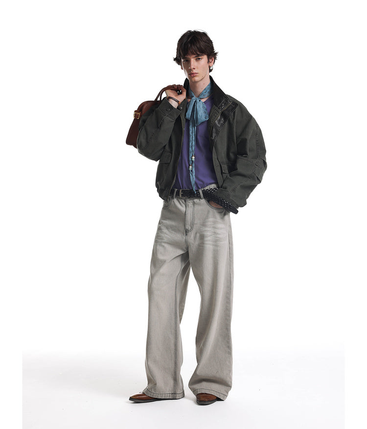 Leather collar short flight jacket