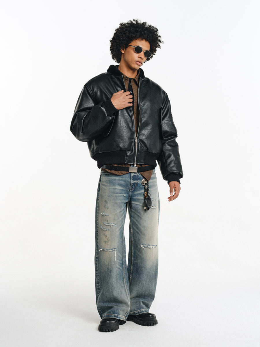 Hand Stitched Ripped Slim Straight Jeans