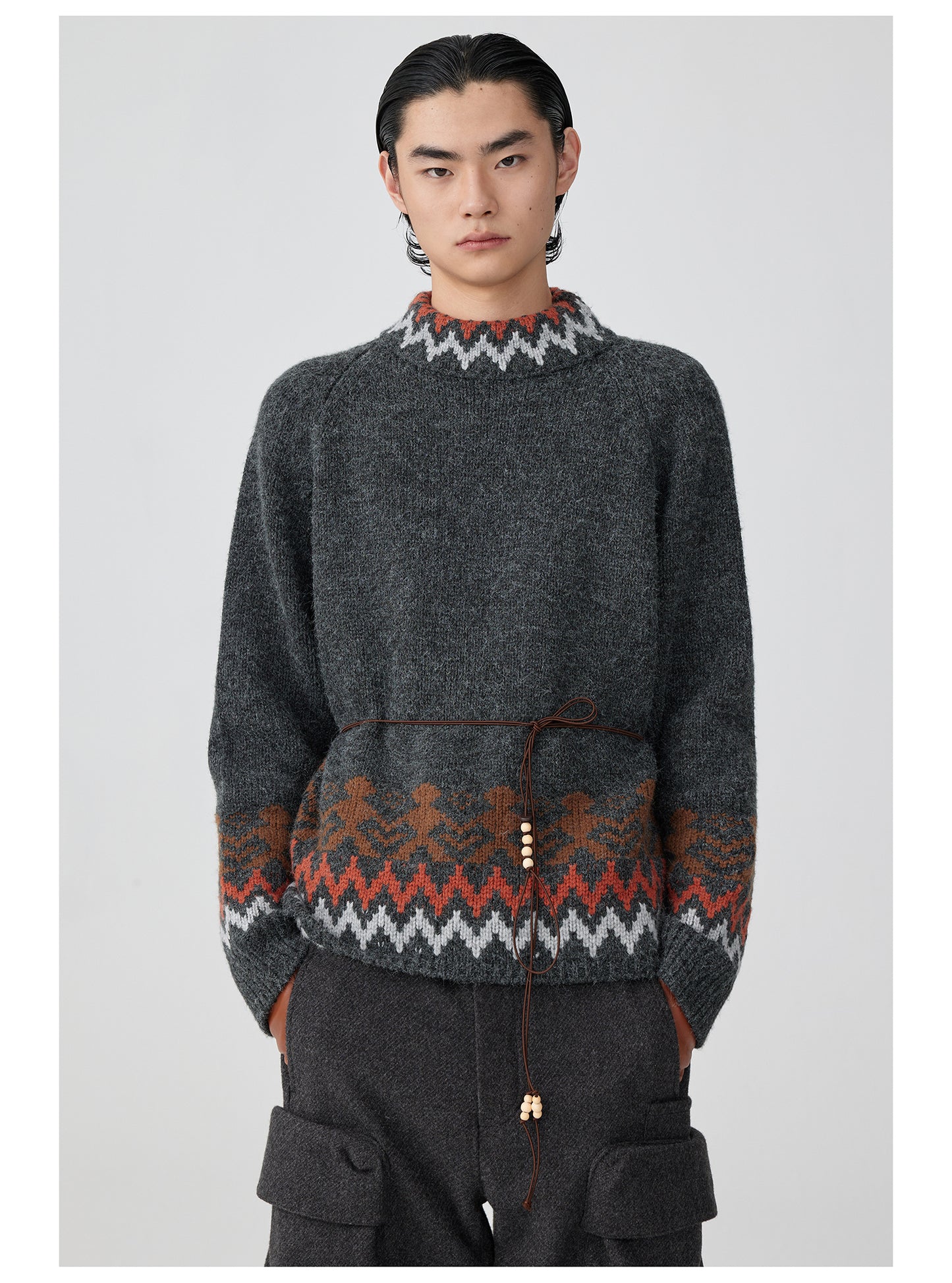 Ethnic Pattern Side Zip Turtleneck Sweater