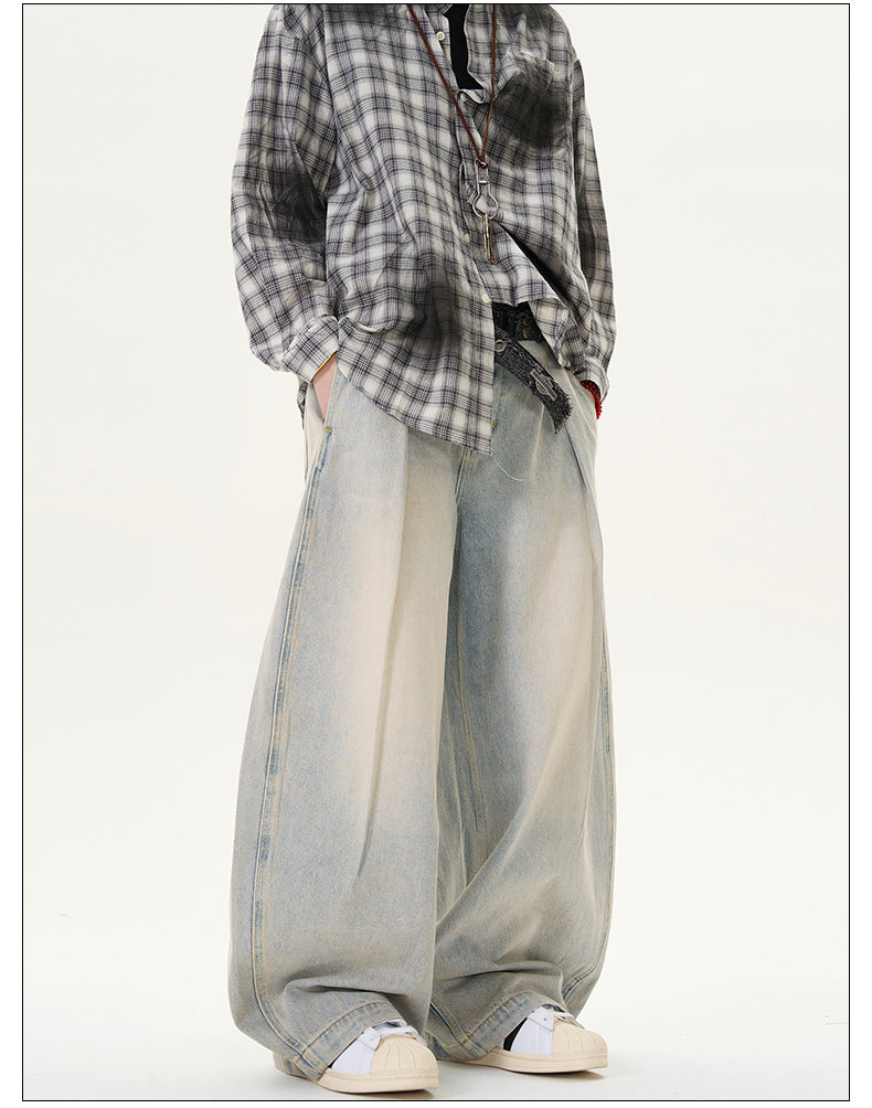 Draped Washed Wide Leg Jeans