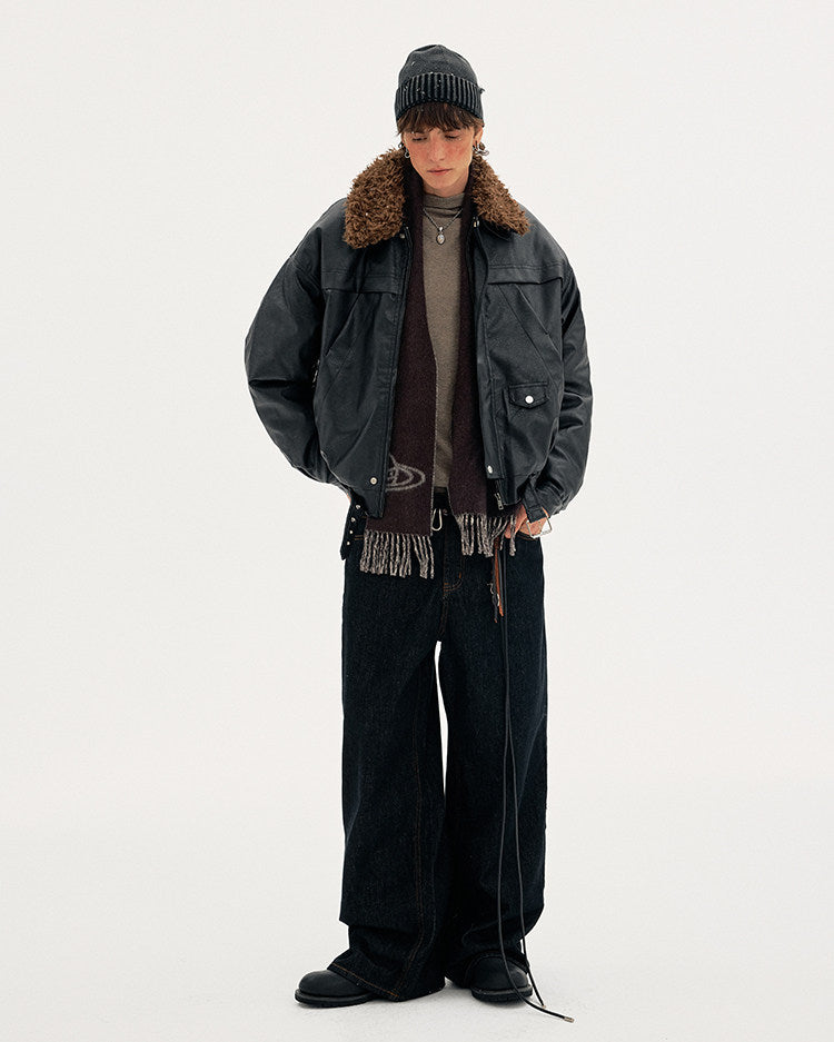 Detachable Fur Collar PU Leather Jacket