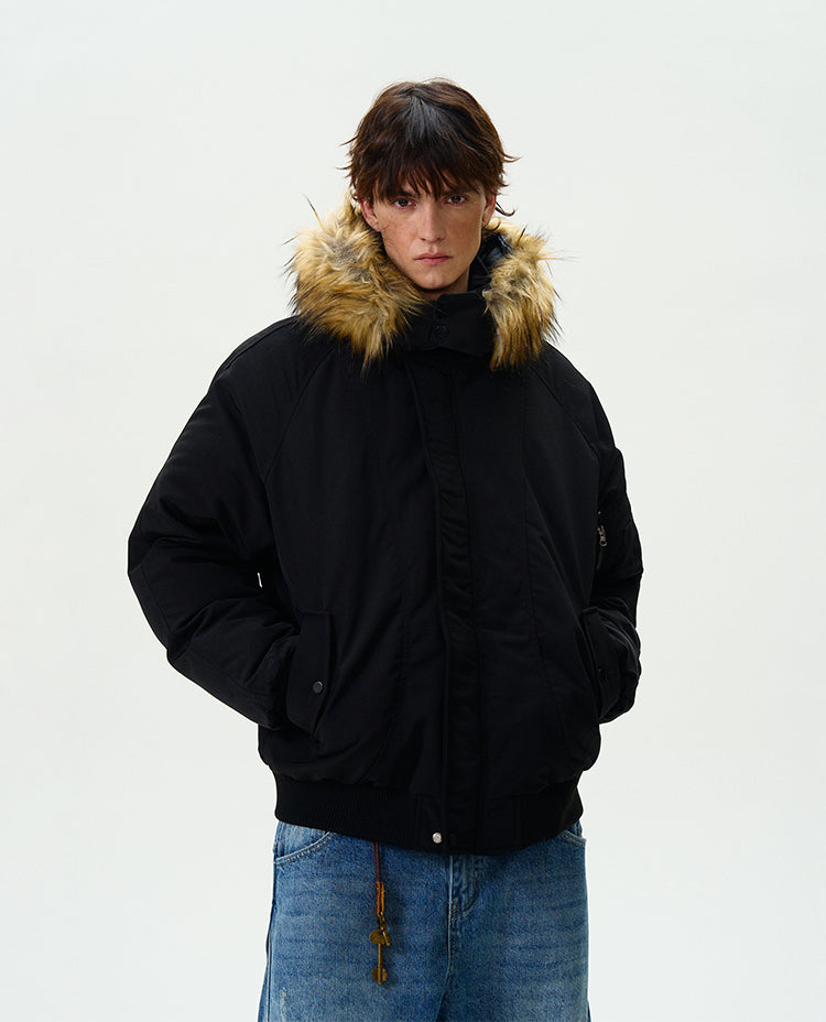 Retro fur collar hooded thick silhouette jacket